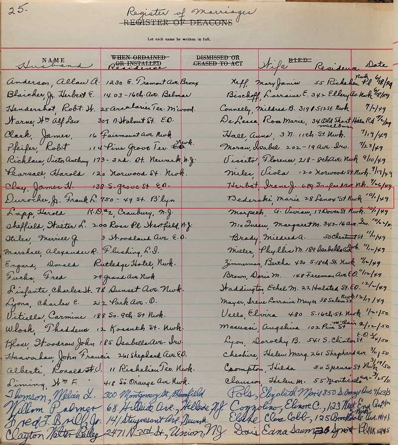 Marie Bederski and Frank Durocher Marriage Record