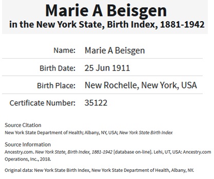 Marie Beisgen Birth Index