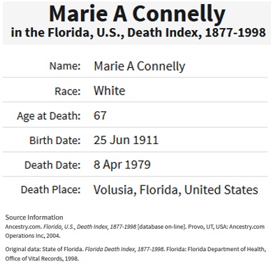 Marie Beisgen Connelly Death Index
