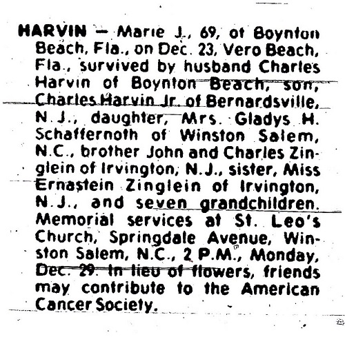 Marie Zenglein Harvin Obituary