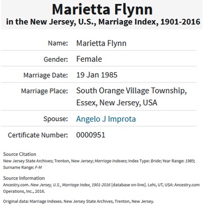 Marietta Flynn and Angelo Improta Marriage