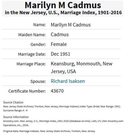 Marilyn Cadmus and Richard Isaksen Marriage