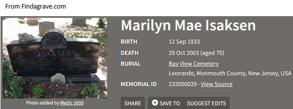 Marilyn Mae Cadmus Isaksen Cemetery Record