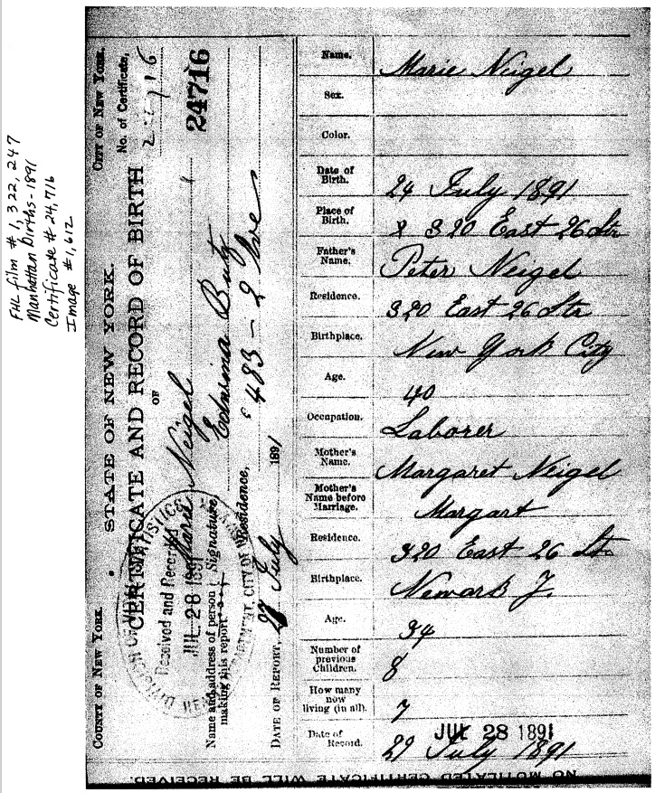 Mary Agnes Neigel Birth Certificate