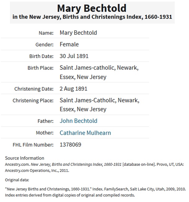 Mary C. Bechtold Birth Certificate