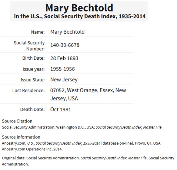 Mary O'Malley Bechtold Social Security Death Index