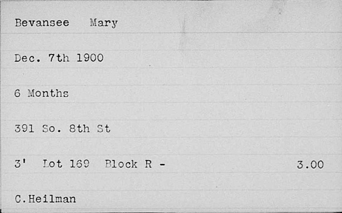 The Woodland Cemetery Index Card of Mary Bevensee