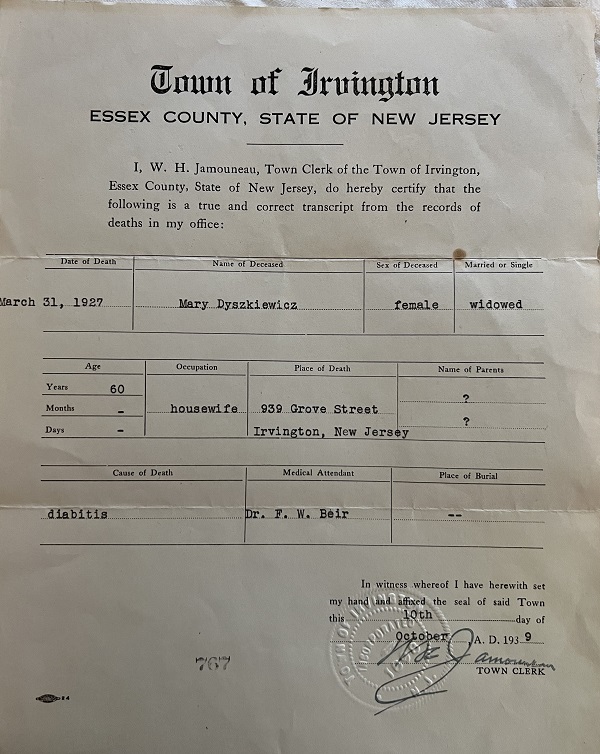 Marya (Mazurkiewicz) Dyszkiewicz Death Certificate