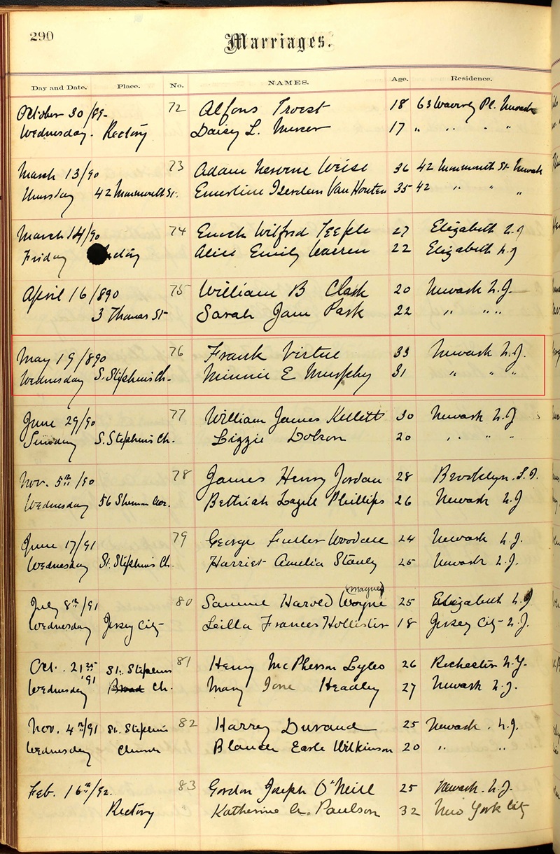 Mary E. Murphy and Frank Virtue Marriage Record