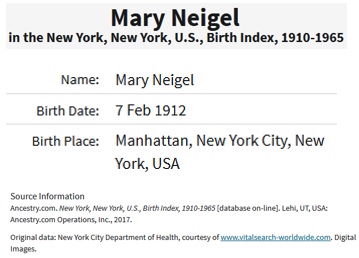 Mary Neigel Birth Index
