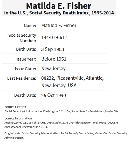 Matilda Rayhon Bechtold Fisher Social Security Record