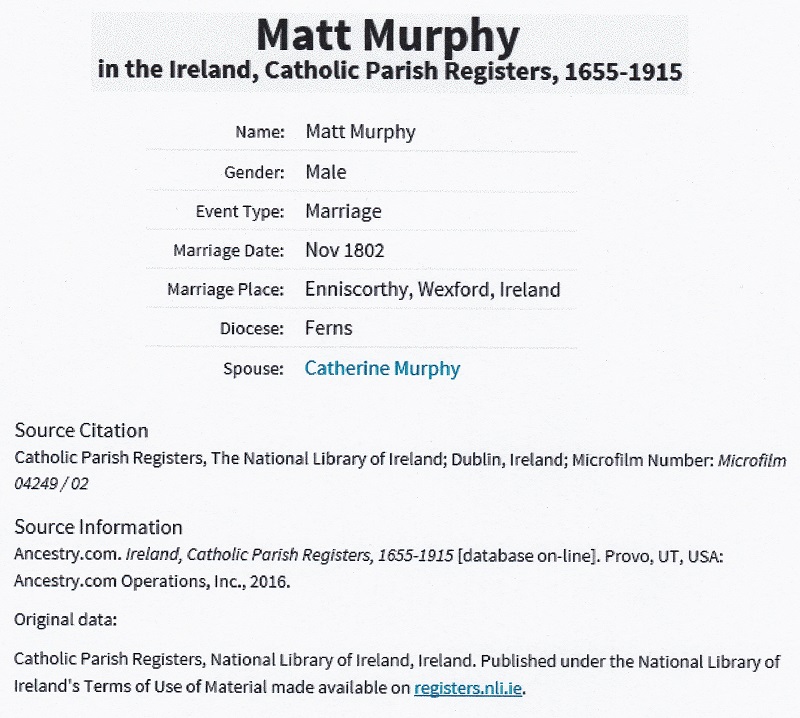 Matthew Murphy and Catherine Murphy Marriage Record