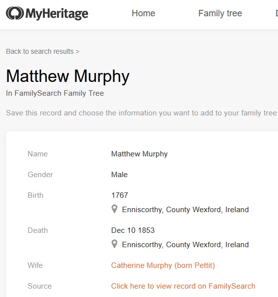 Matthew Murphy Birth and Death Record