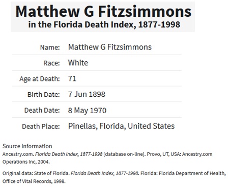 Matthew G. Fitzsimmons Death Index