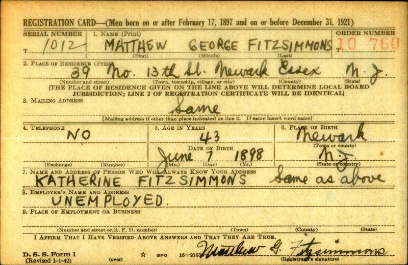 Matthew G. Fitzsimmons World War II Draft Registration