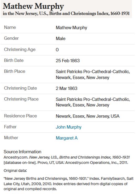Matthew F. Murphy Birth Record