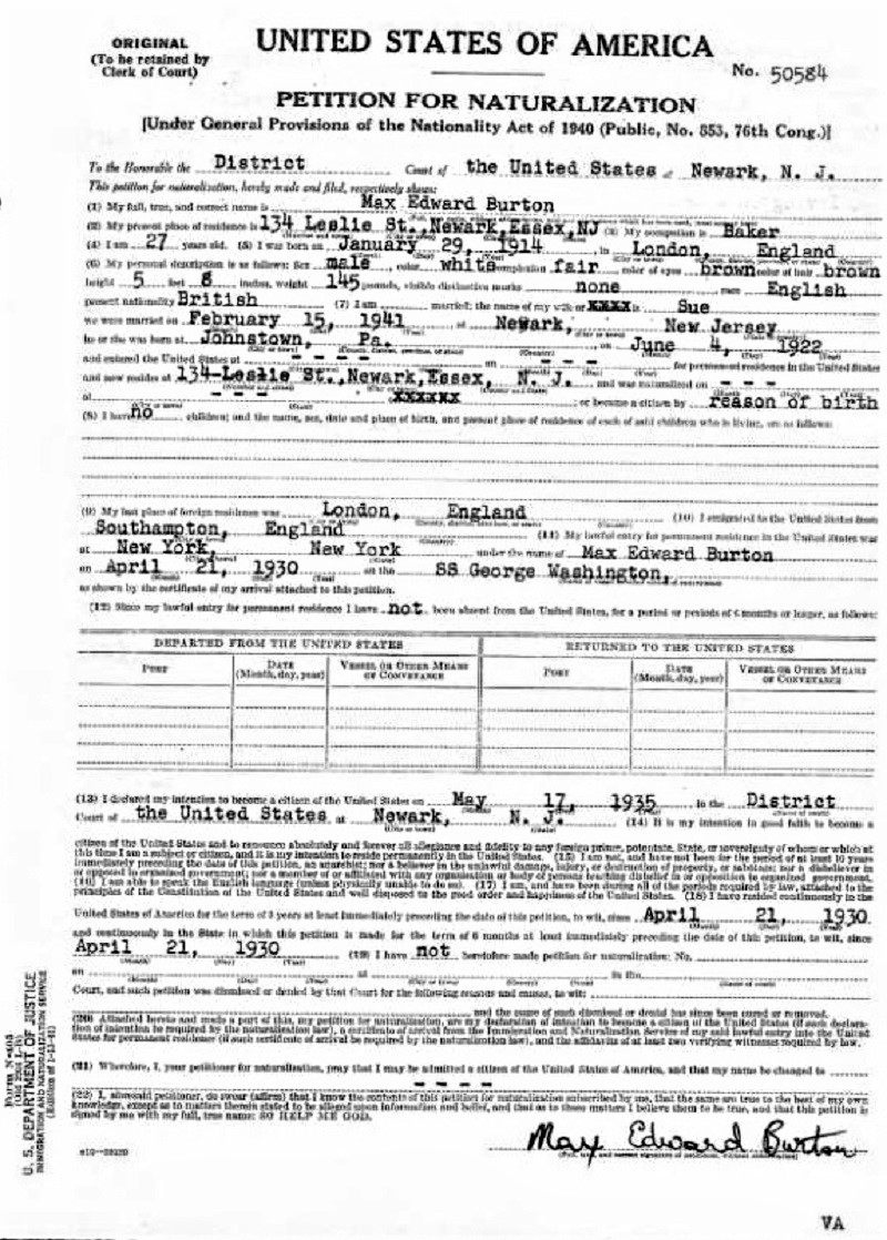 Max Edward Burton Naturalization Record