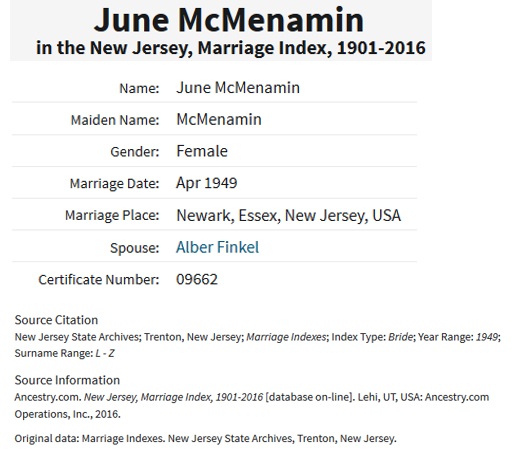 June McMenamin and Albert Finkel Marriage