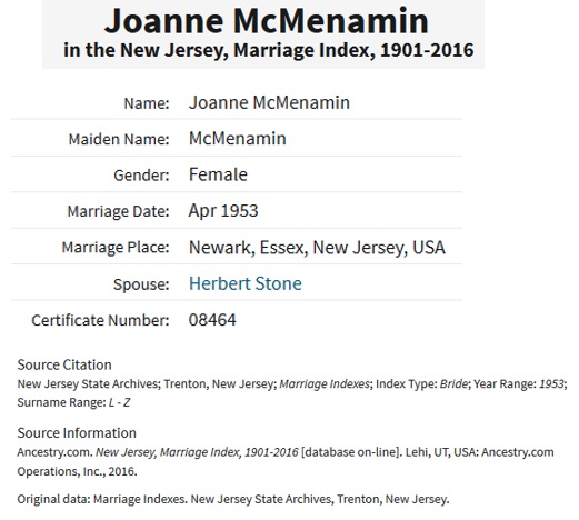 Joanne McMenamin and Herbert Stone Marriage Index