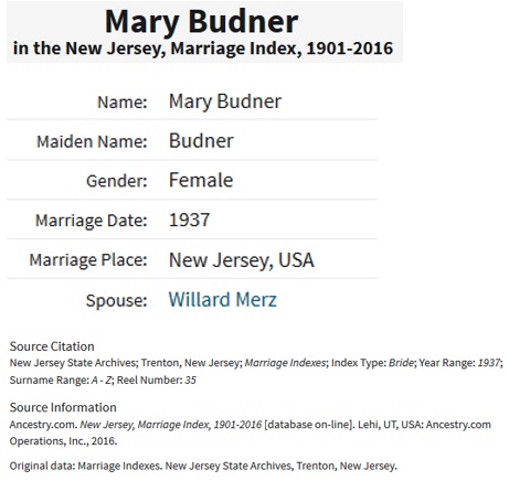 Willard Merz and Mary Budner Marriage Index