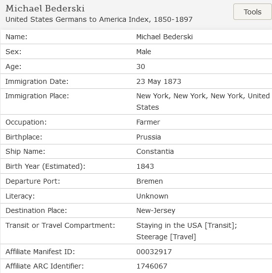 Stefan Bederski Immigration Record