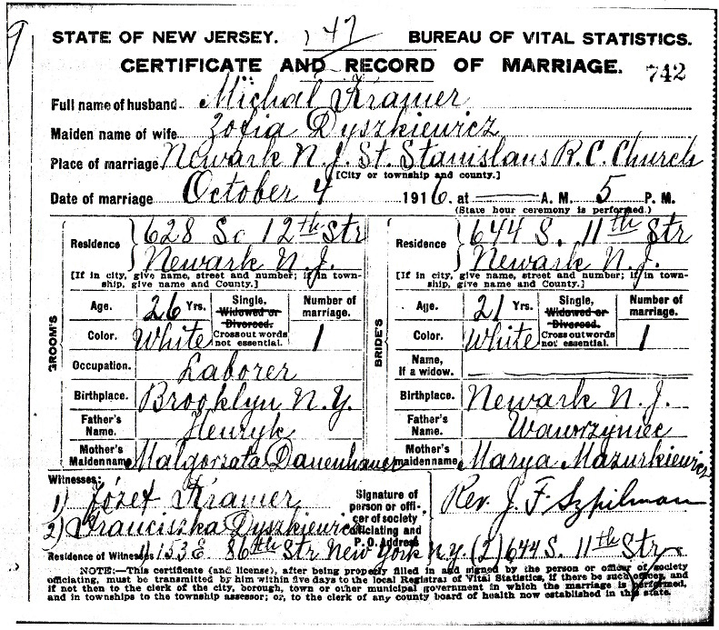 Michael Kramer and Sofia Dyszkiewicz Marriage certificate