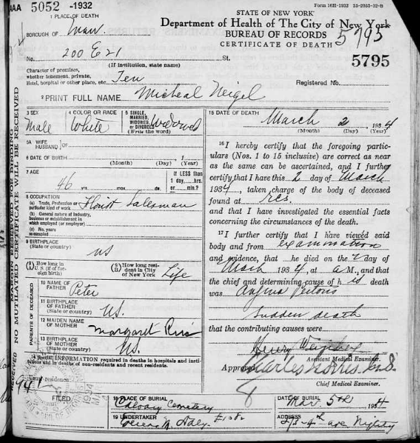 Michael Neigel Death Certificate