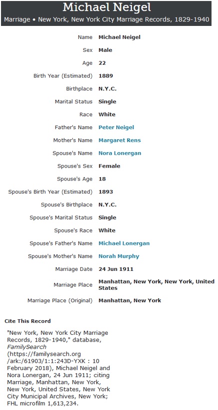 Michael Neigel and Nora Lonergan Marriage Record