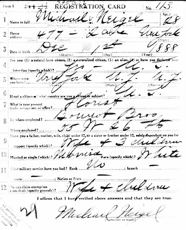 Michael Neigel World War I Draft Registration