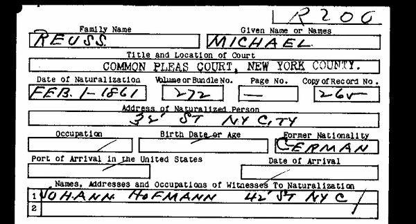 Michael Reuss Naturalization Record