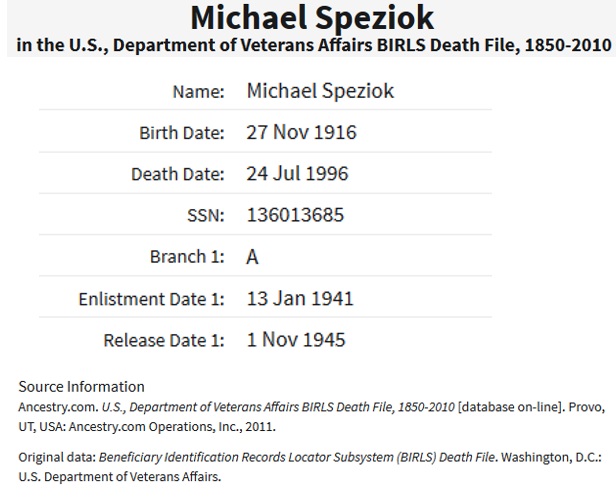 Michael Speziok's World War II Military Record
