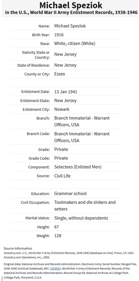 Michael Speziok's World War II Military Record