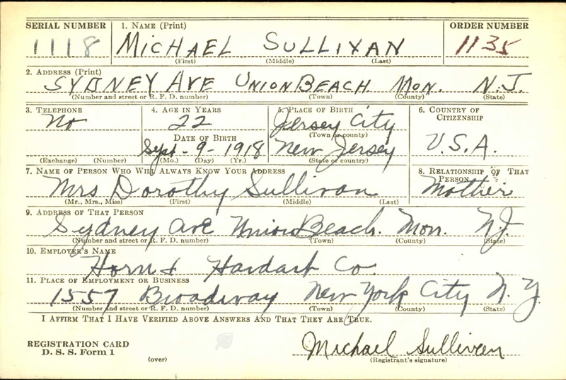 Michael Sullivan WW2 Draft Registration