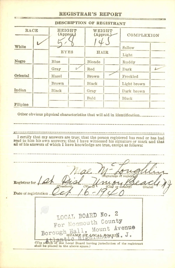 Michael Sullivan WW2 Draft Registration