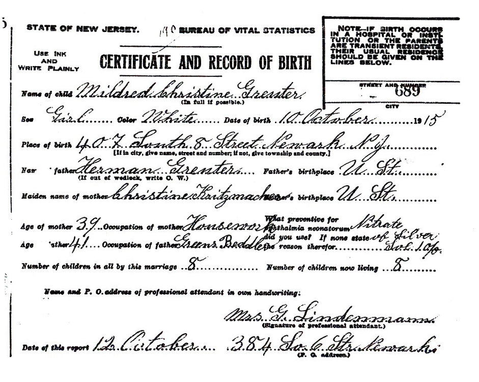 Mildred Christine Greuter Birth Certificate