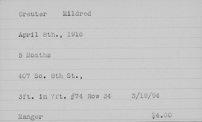 The Woodland Cemetery Index Card for Mildred Greuter