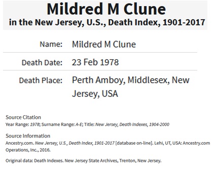 Mildred Ost Clune Death Index