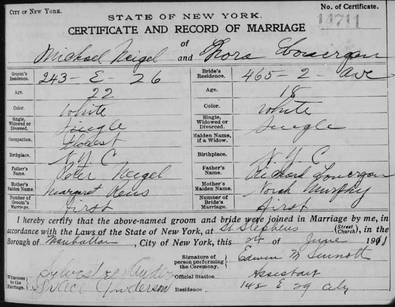 Michael Neigel and Nora Lonergan Marriage Certificate