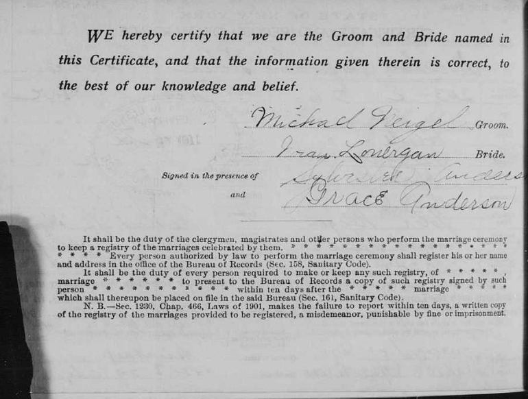 Michael Neigel and Nora Lonergan Marriage Certificate