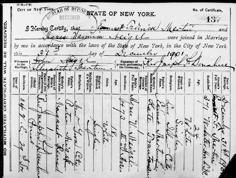 Agnes Neigel and Ernest Mertin Marriage Index