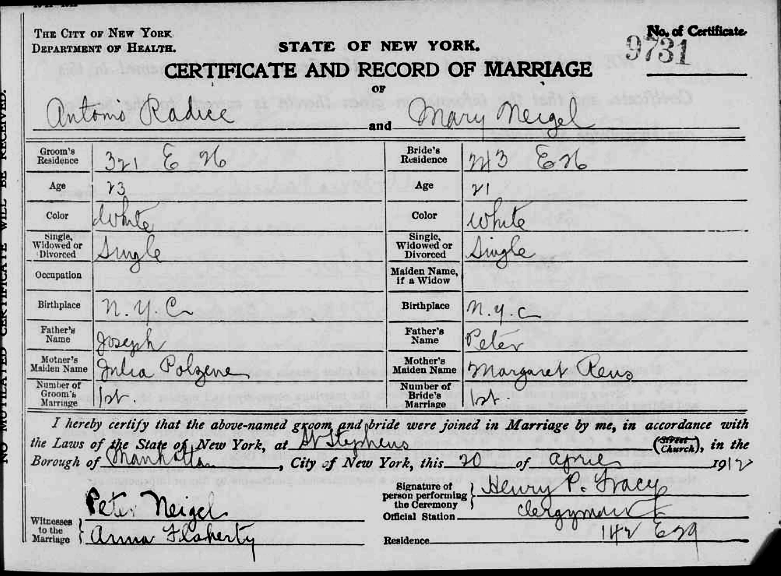 Mary Neigel and Anthony Radice Marriage Certificate