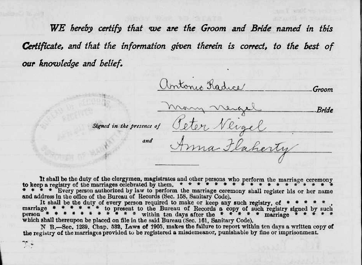 Mary Neigel and Anthony Radice Marriage Certificate
