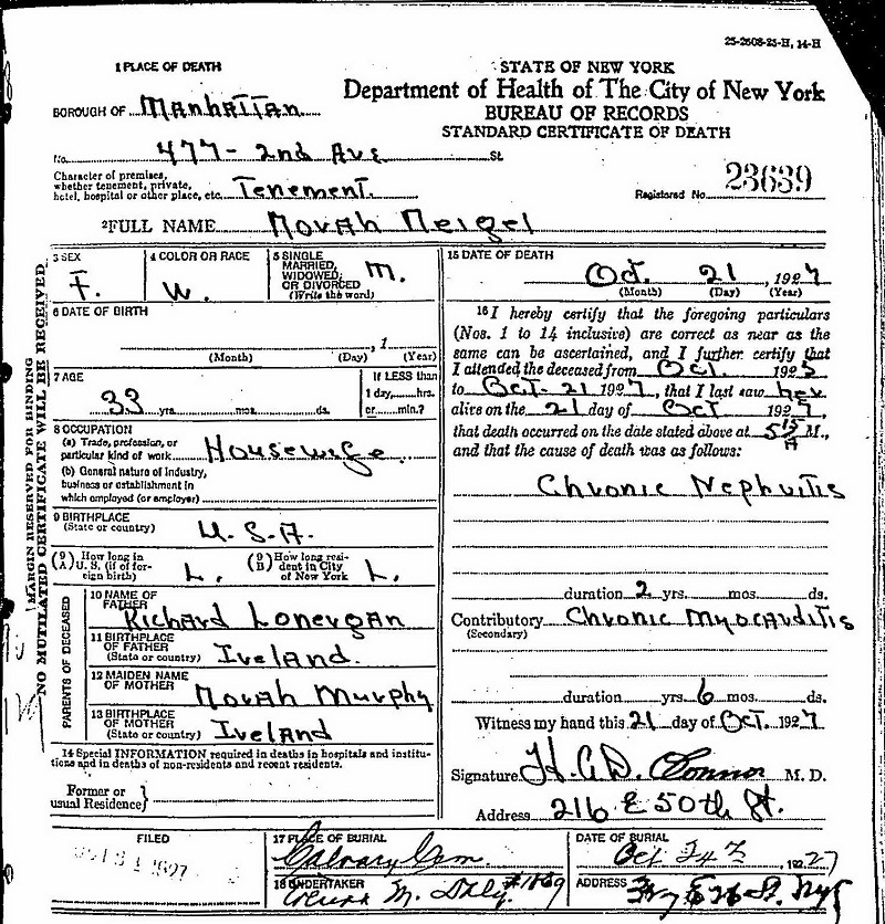 Norah Lonergan Neigel Death Certificate