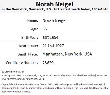 Norah Lonergan Neigel Death Index