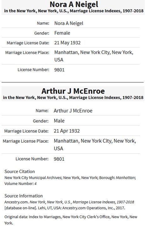 Nora Neigel and Arthur McEnroe Marriage Record