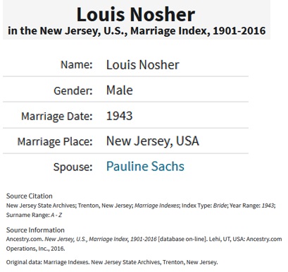 Louis Nosher and Pauline Sachs Marriage Index