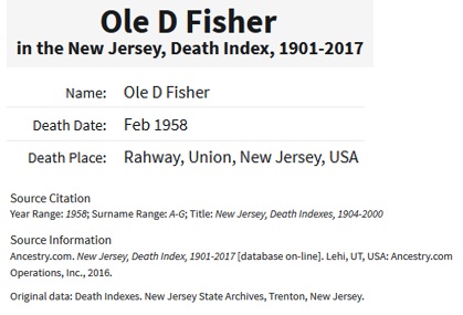 Ole D. Fisher Death Index