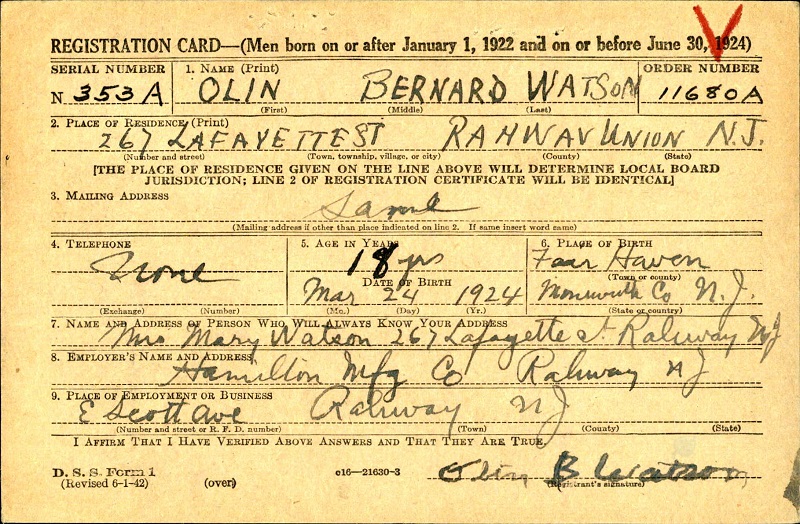 Olin B. Watson WWII Draft Registration