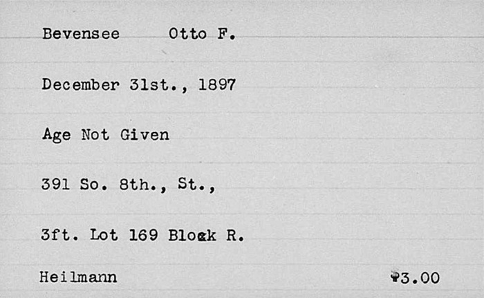 The Woodland Cemetery Index Card of Otto Bevensee