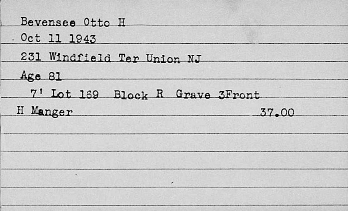 The Woodland Cemetery Index Card for Otto Bevensee